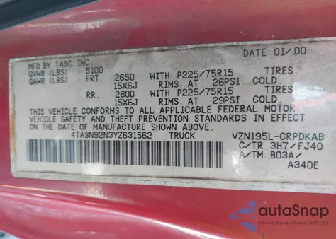 2000 Toyota Tacoma Prerunner V6 из США, поврежденный, VIN 4TASN92N3YZ631562